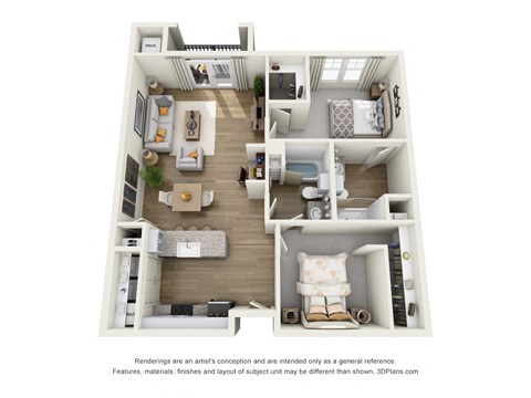 Floor plan for 2 beds, 2 baths, 1038 sqft